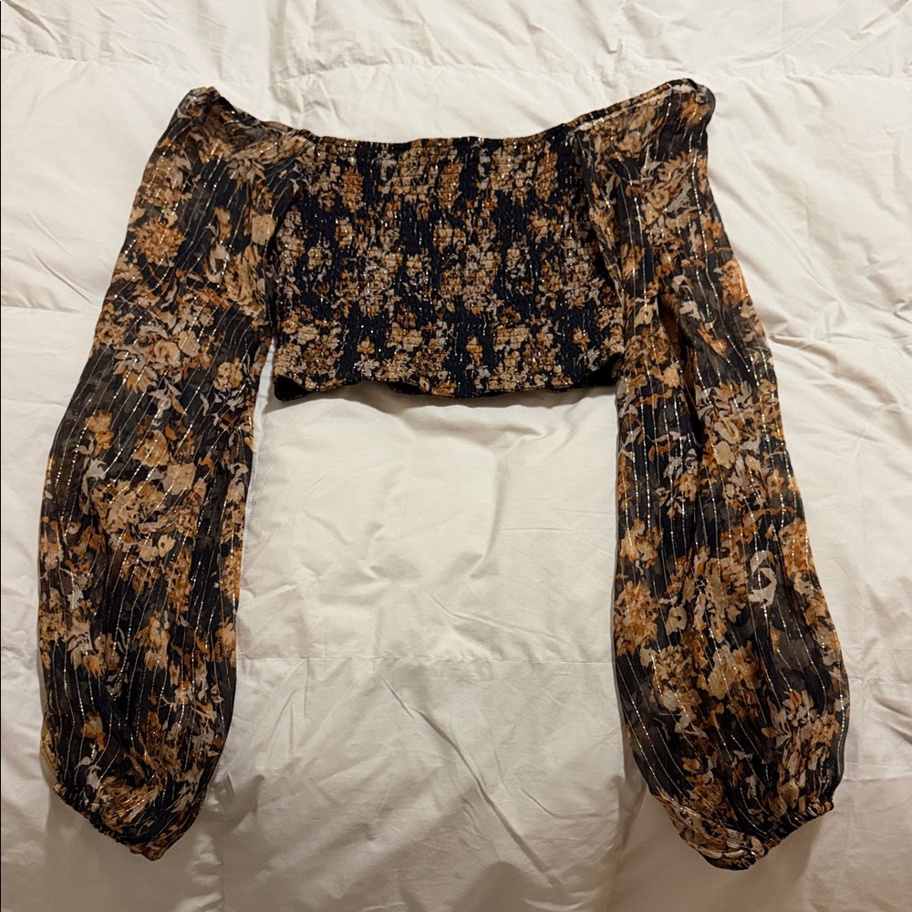 Caroline Constas Black and Brown Floral Smocked Off-Shoulder Crop Top